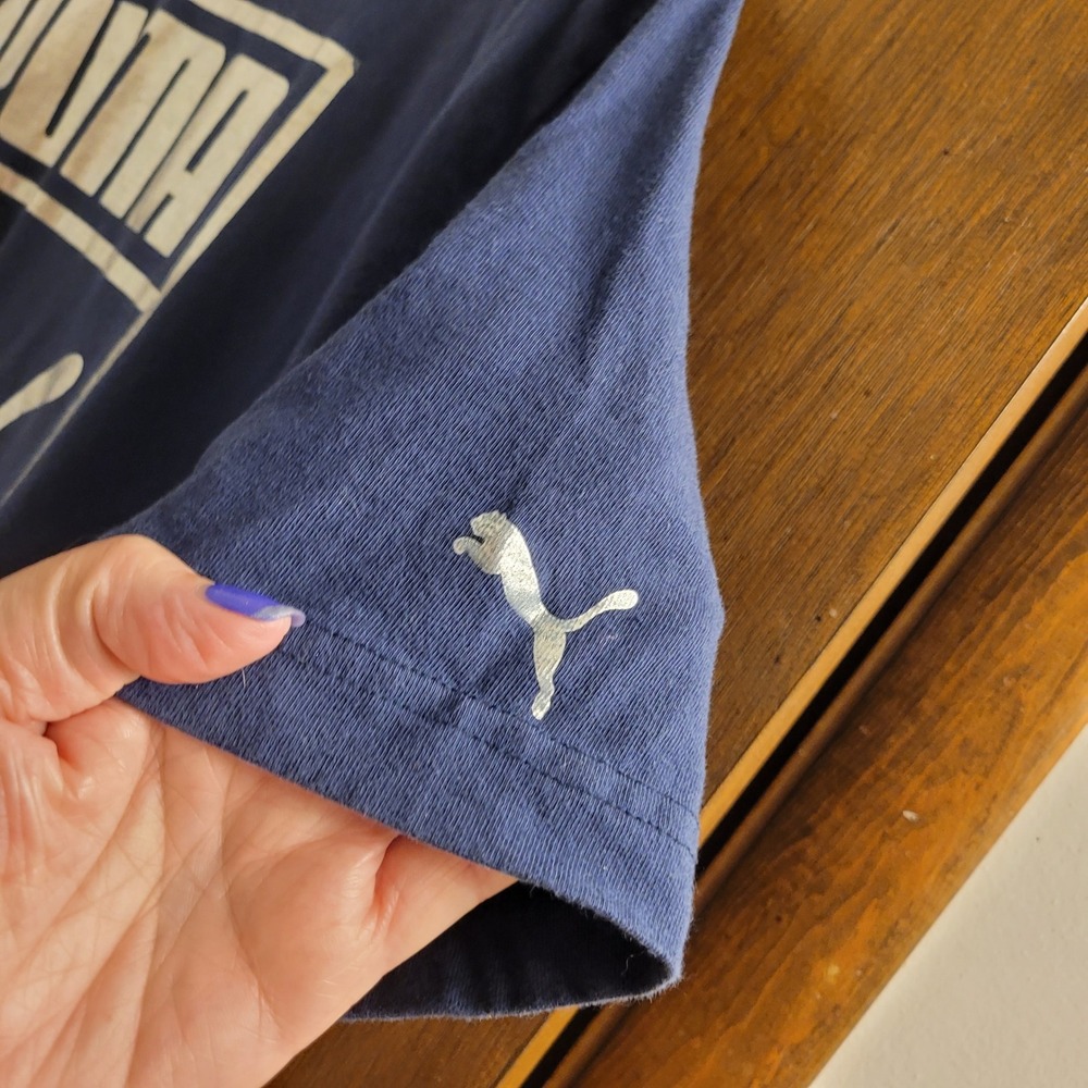 Puma Mens Graphic Tee Navy Blue Silver Foil Logo Short Sleeve Shirt XL Athletic - Picture 4 of 7